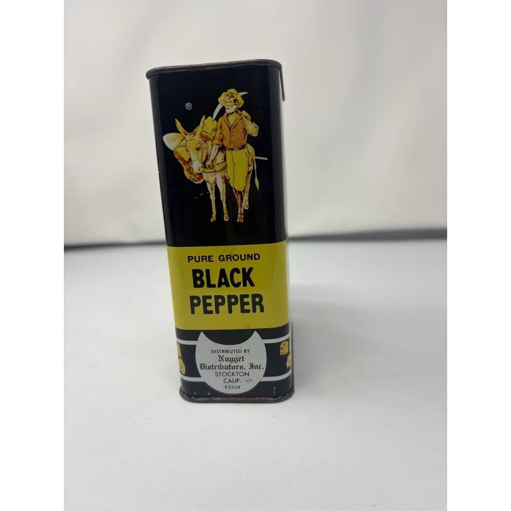Vintage Nugget Brand Large Black Pepper Spice Tin Prospector Mule 1950s Rare CA